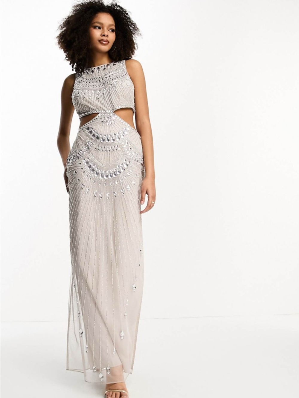 ASOS Beaded Cutout Maxi Dress in Silver-Cream